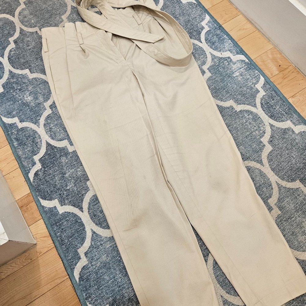 Prologue cotton pleated & belted wide leg summer/fall trousers in ecru - 4